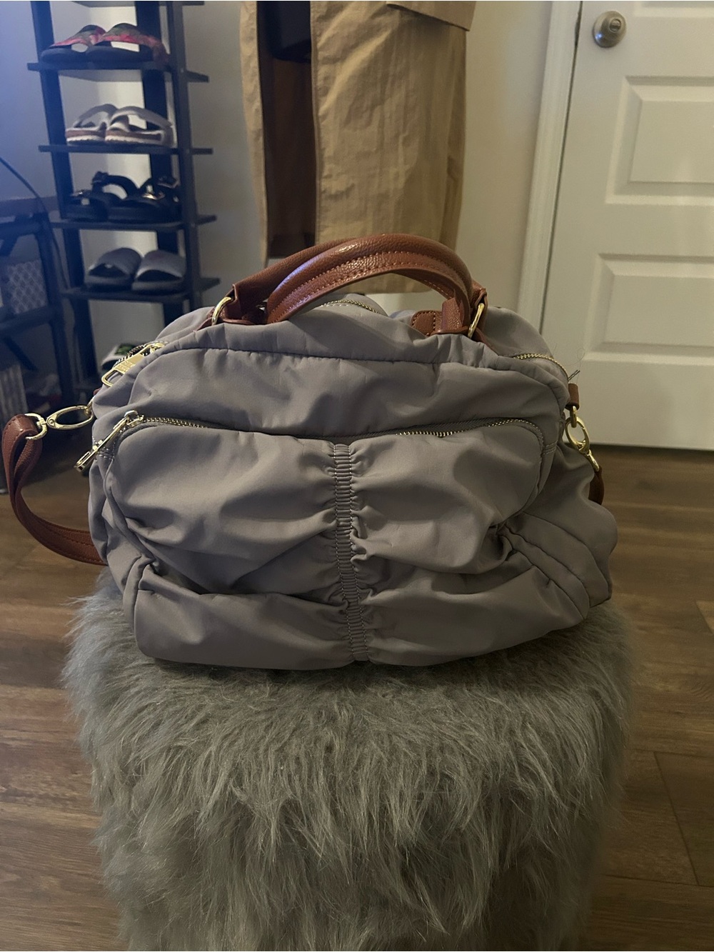 Steve Madden Women's Ruched Taupe Shoulder Bag with Brown Handles